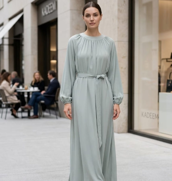 Aura Büzgü Yakalı Ve Kuşaklı Premium Maxidress