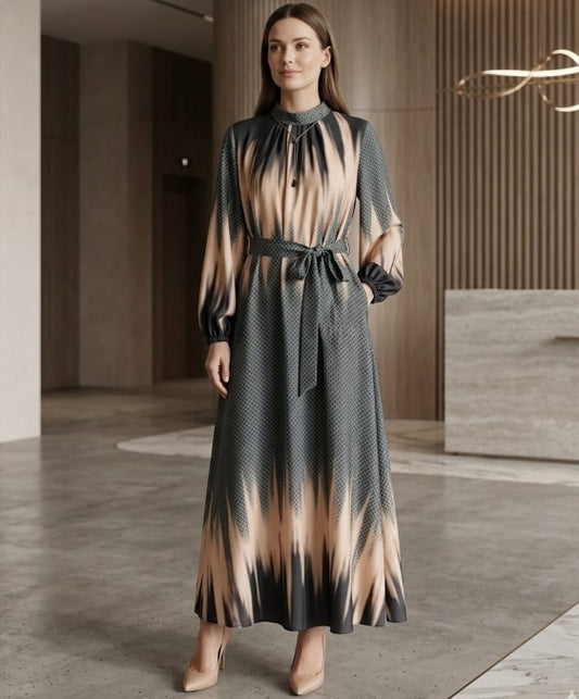 Alya Degradeli Saten Kuşaklı Elbise