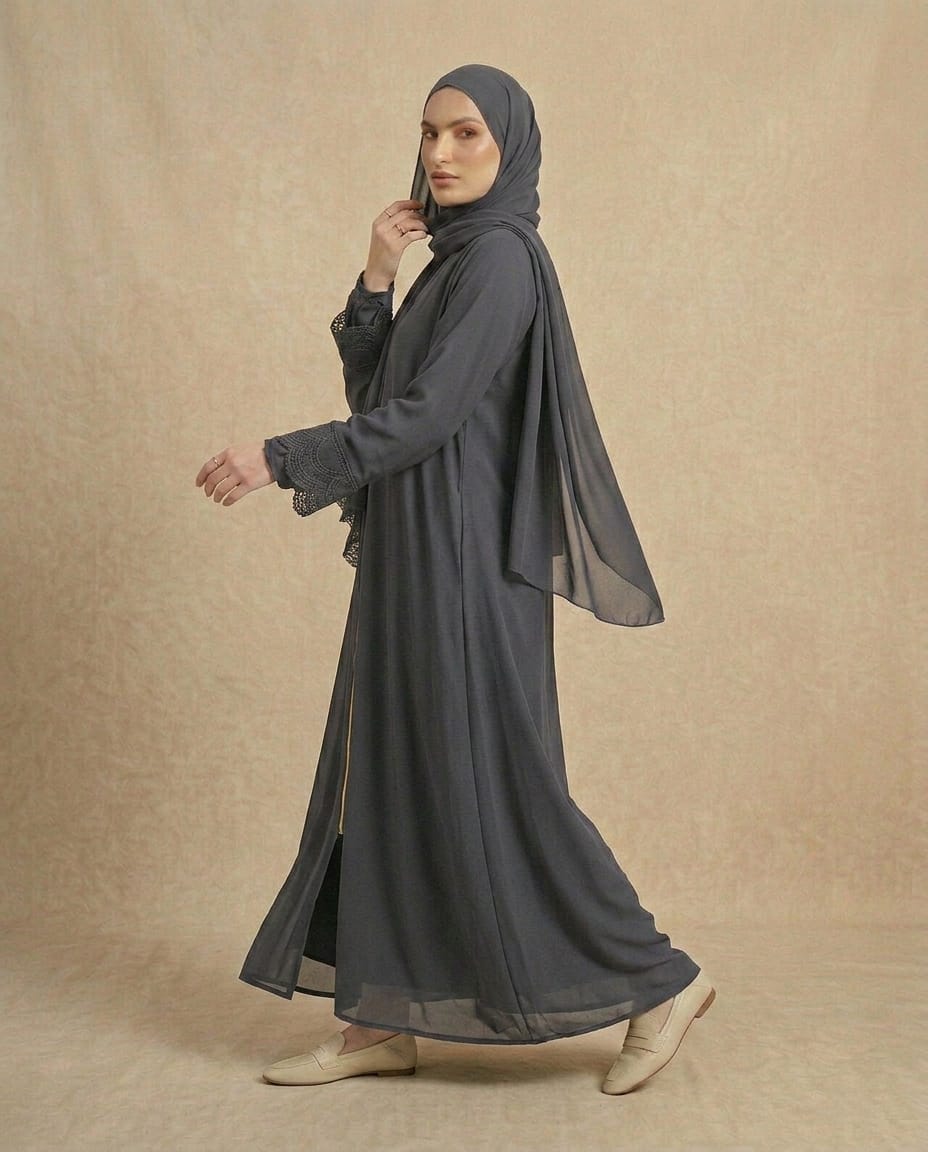 Zümrüt Haki Kendinden Şallı Nakış Detaylı Premium Ferace & Abaya