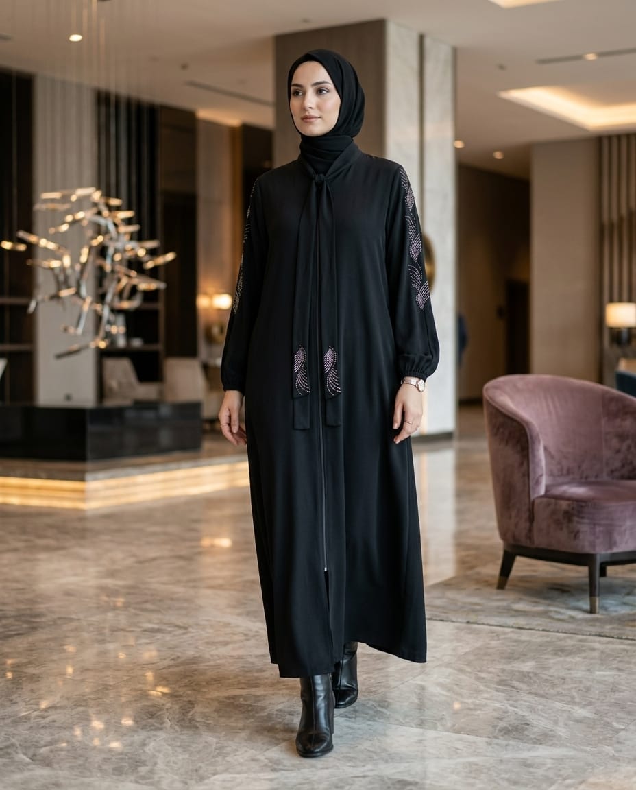 Nora Kristal Detaylı Fularlı Siyah Ferace Abaya