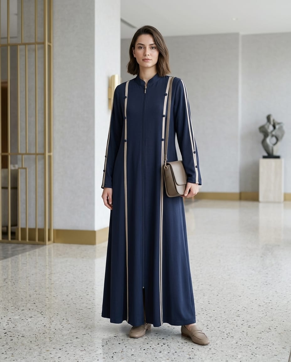 Lina Contrast Stripe Fermuarlı Premium Kap - Lacivert / Acı Kahve / Siyah