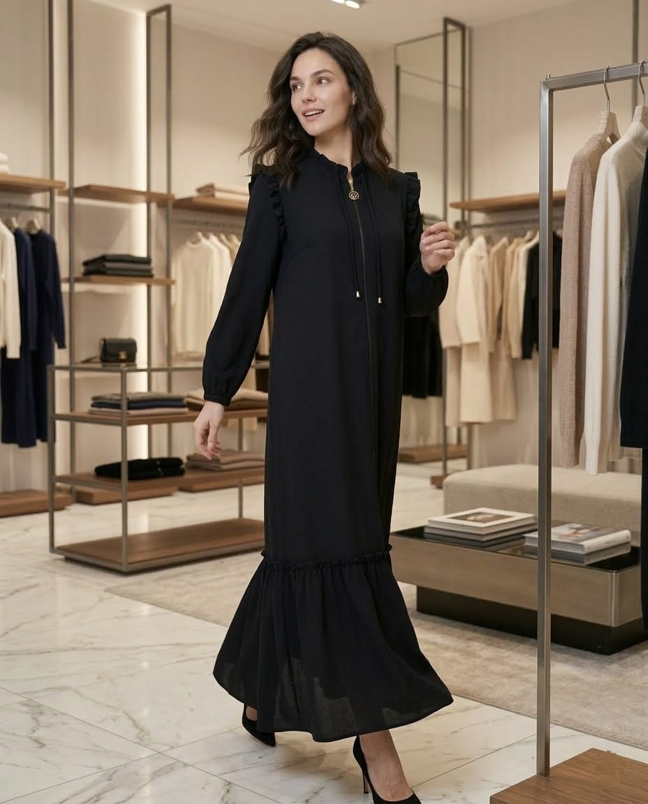 Victoria Ruffled Fermuarlı Premium Maxı Ferace