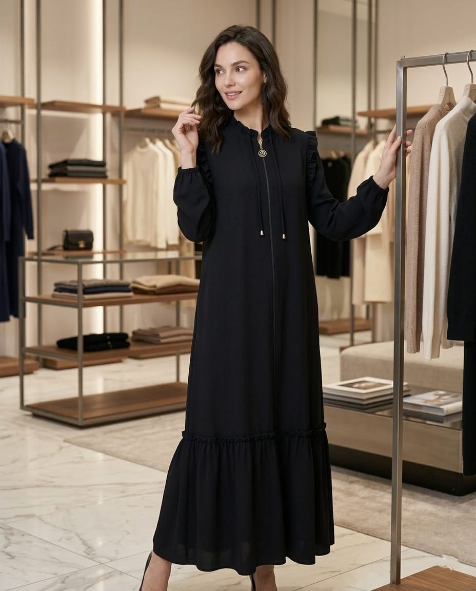 Victoria Ruffled Fermuarlı Premium Maxı Ferace