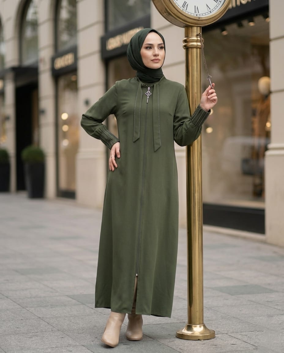Zümrüt Haki İnci Detaylı Fermuarlı Ferace & Abaya