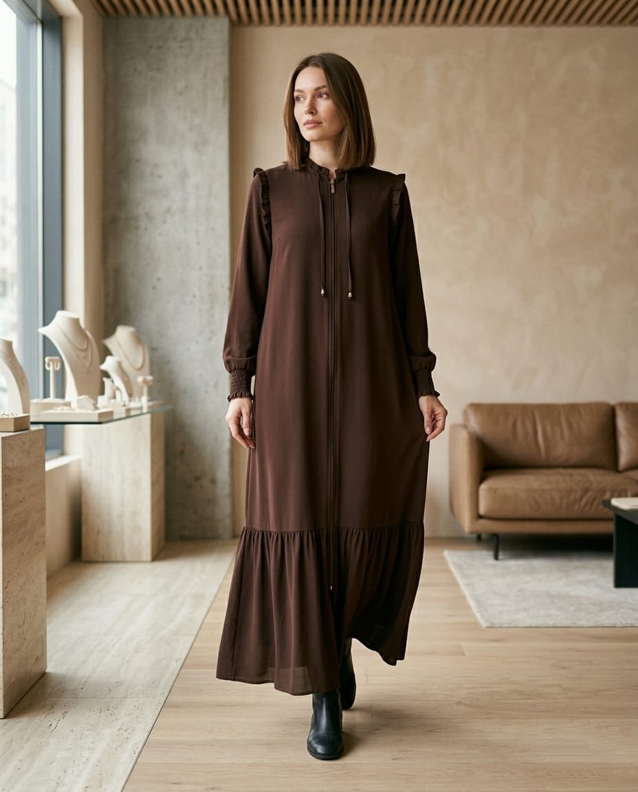 Victoria Ruffled Fermuarlı Premium Maxı Ferace