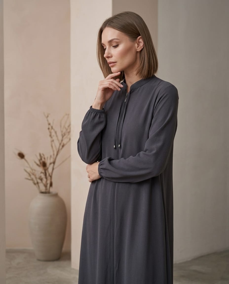 Luxe Minimalist Fermuarlı Kaftan Ferace