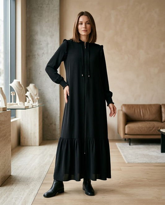 Victoria Ruffled Fermuarlı Premium Maxı Ferace