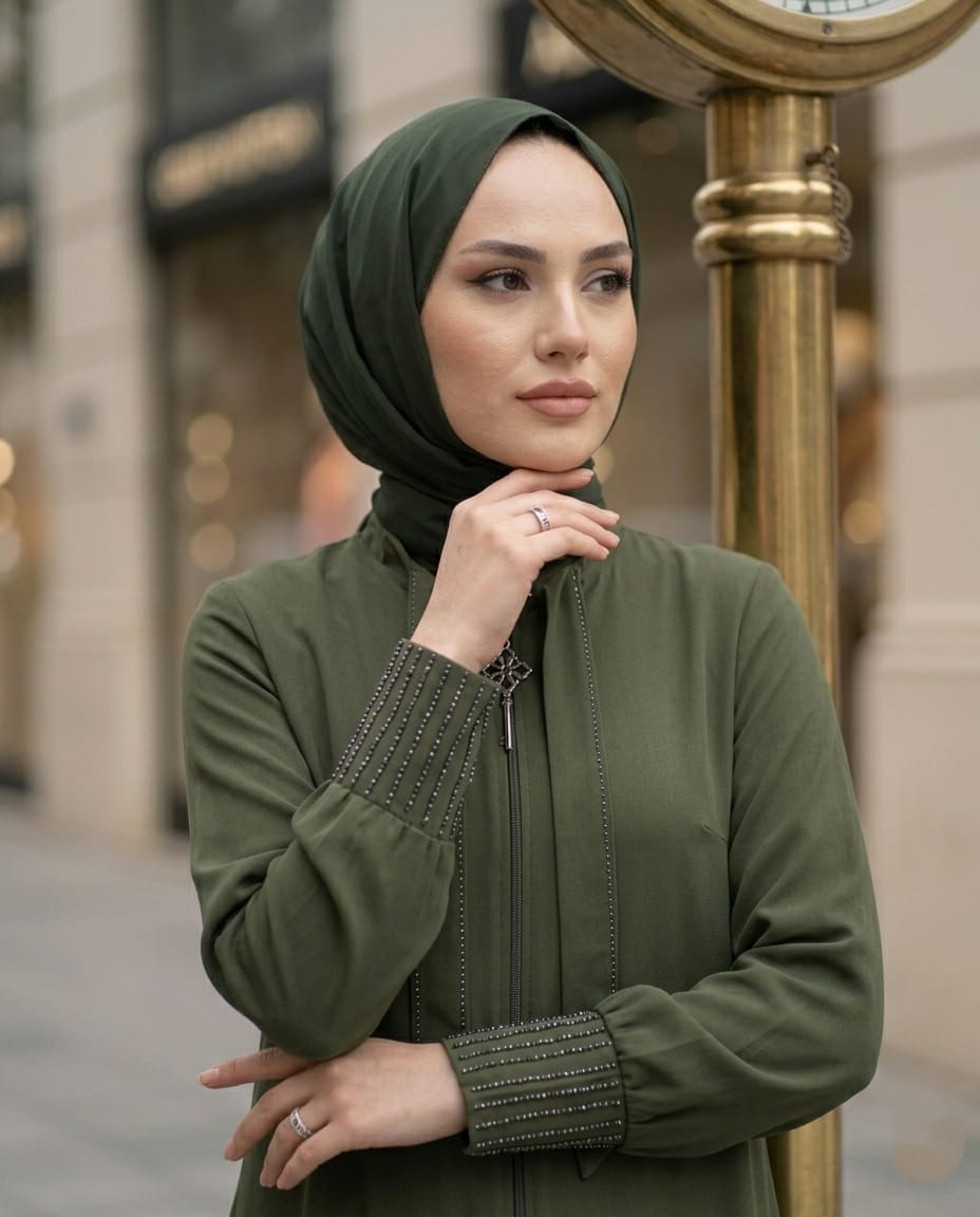 Zümrüt Haki İnci Detaylı Fermuarlı Ferace & Abaya