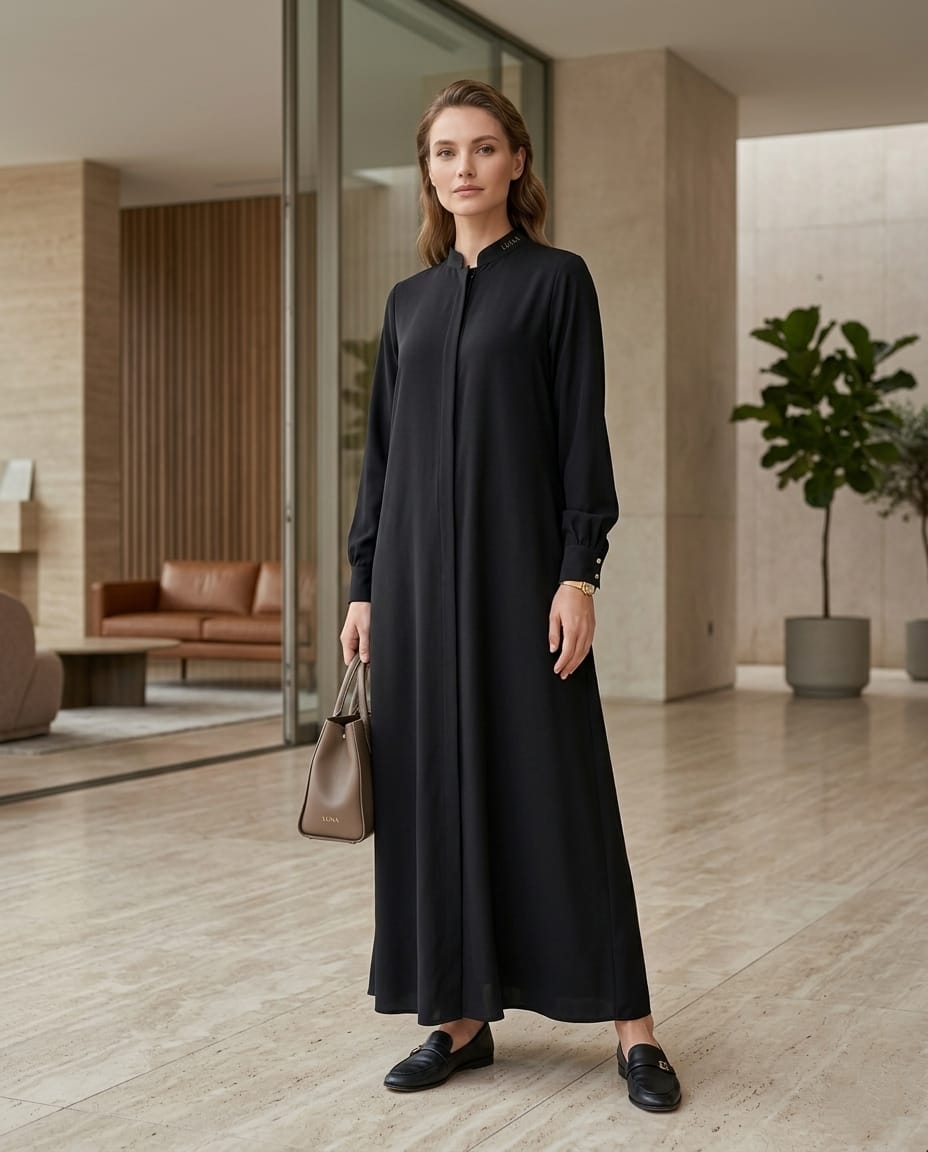 Meva Minimalist Dik Yaka Modern Ferace - Siyah