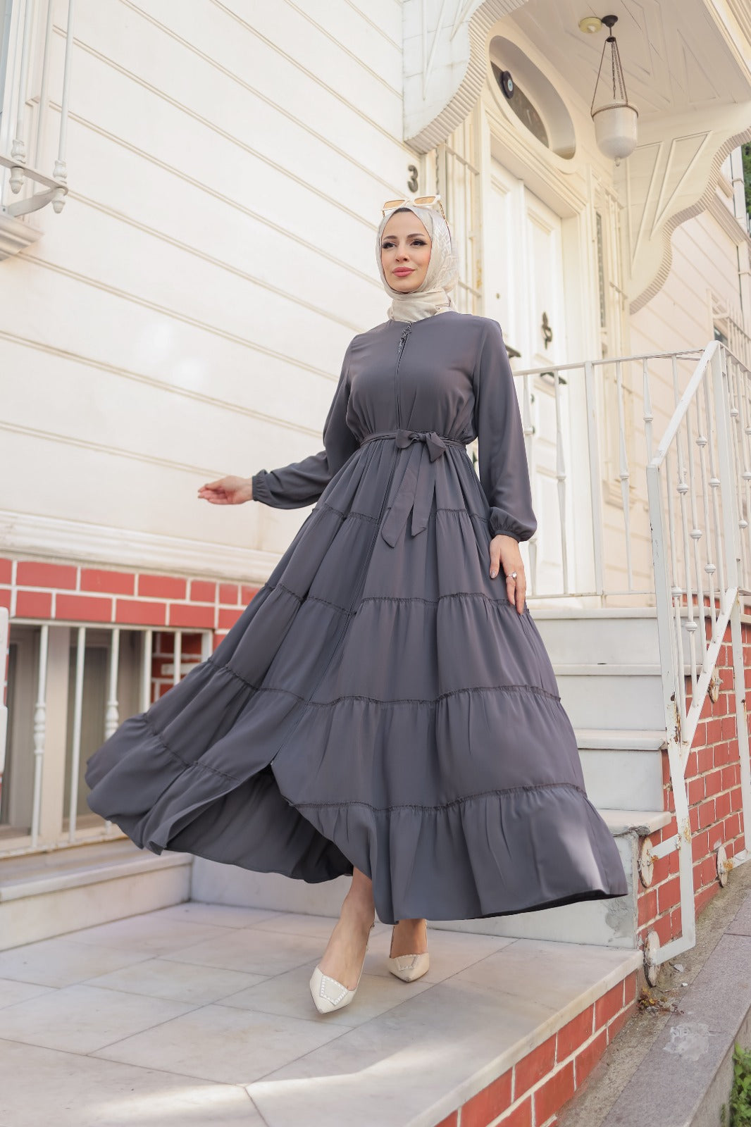 Katlı Kesim Antrasit Tesettür Elbise | kemerdere butik