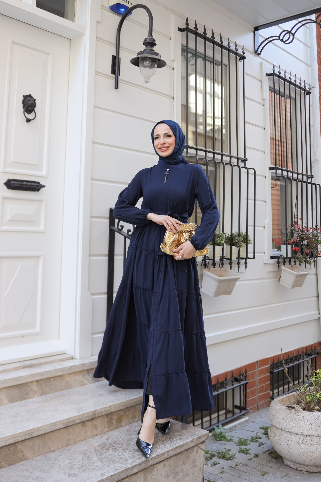 Katlı Kesim Antrasit Tesettür Elbise | kemerdere butik