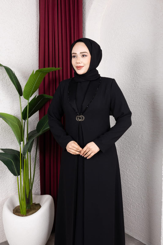 Siyah İnci Detaylı İki Parça Görünümlü Medine İpeği Abaya