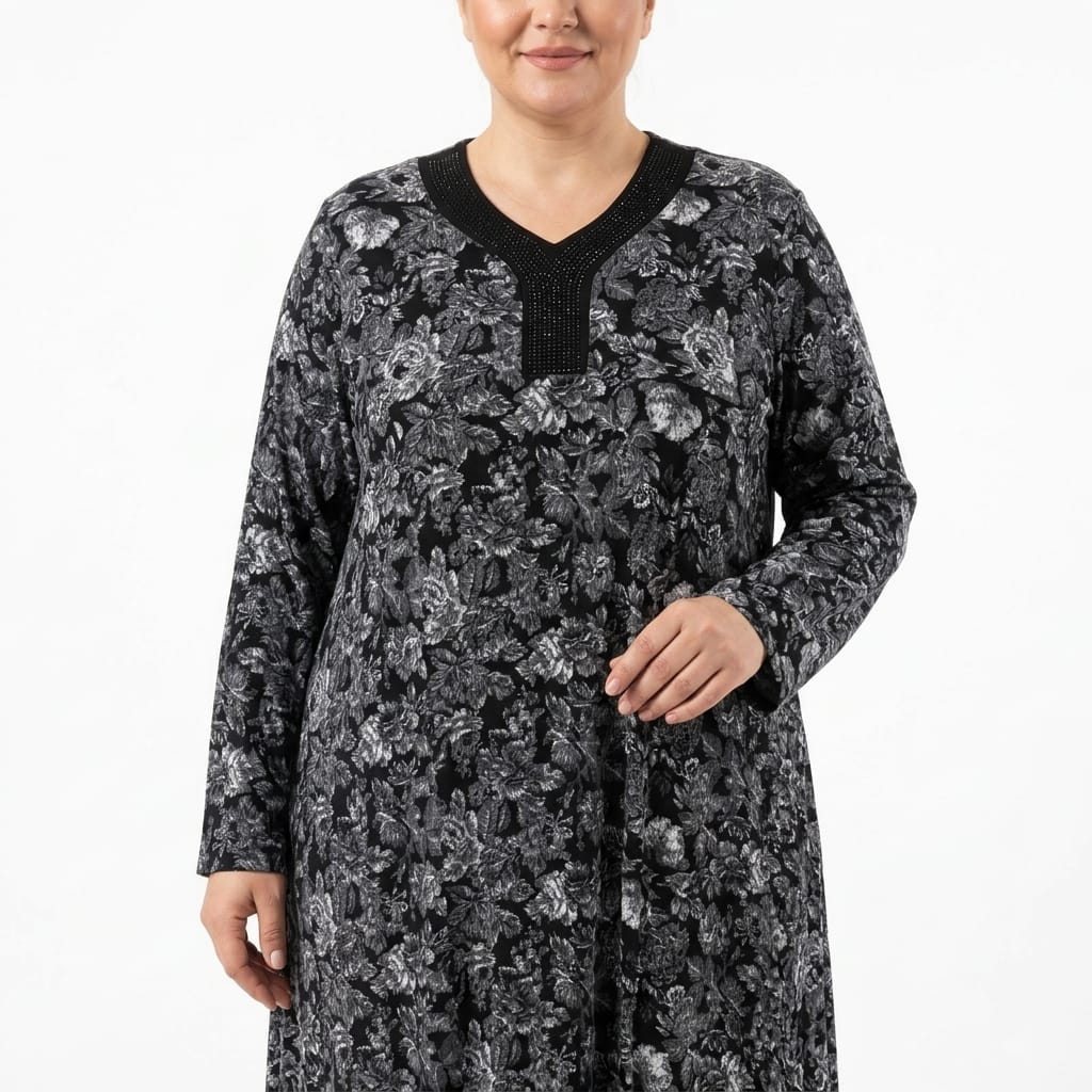 Antrasit Floral Desenli Taş İşlemeli Anne Elbisesi