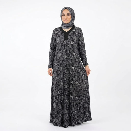 Antrasit Floral Desenli Taş İşlemeli Anne Elbisesi