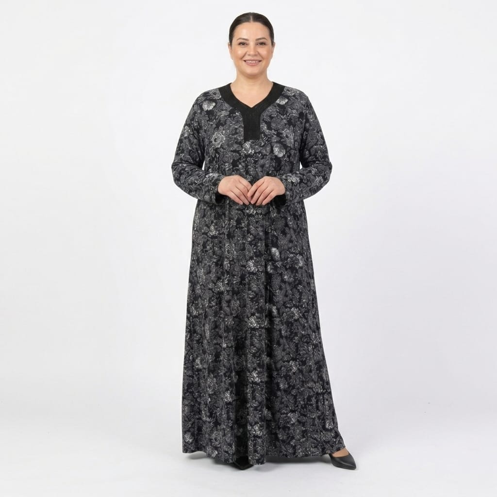 Antrasit Floral Desenli Taş İşlemeli Anne Elbisesi