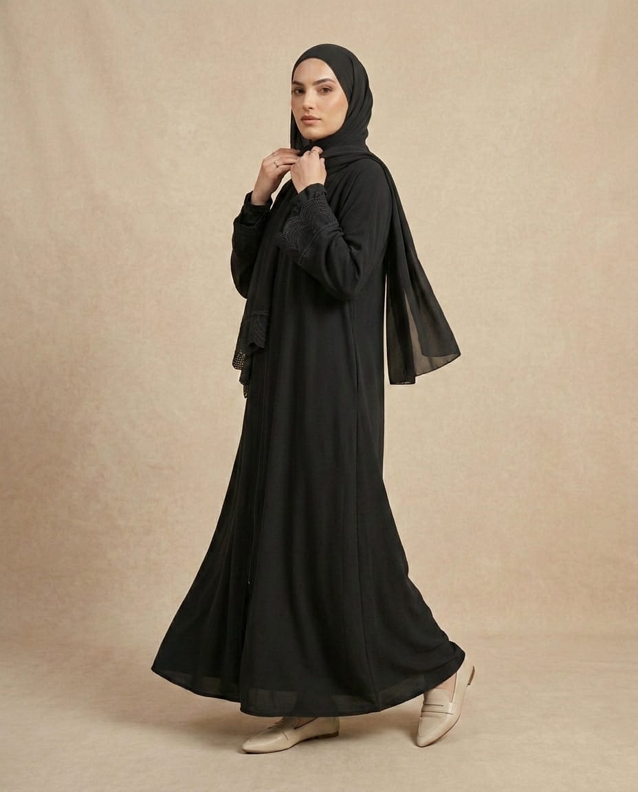 Zümrüt Haki Kendinden Şallı Nakış Detaylı Premium Ferace & Abaya