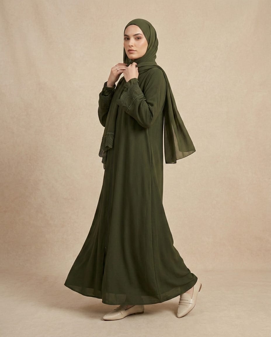 Zümrüt Haki Kendinden Şallı Nakış Detaylı Premium Ferace & Abaya