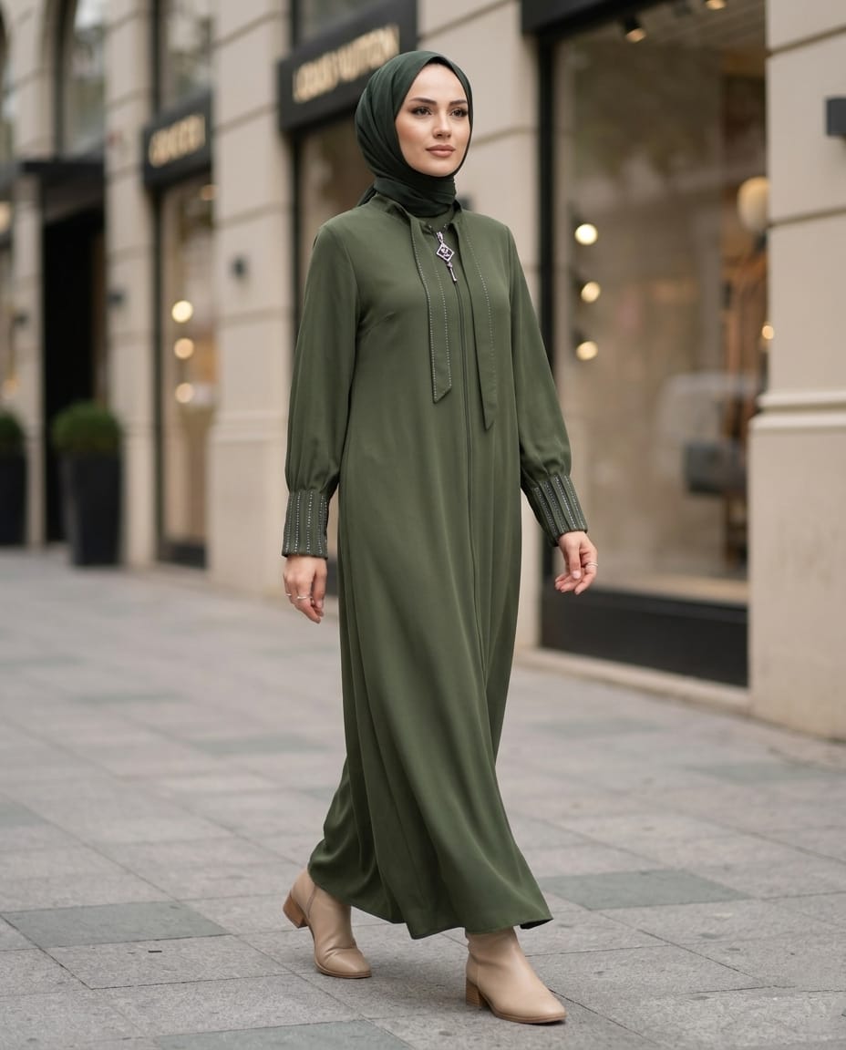 Zümrüt Haki İnci Detaylı Fermuarlı Ferace & Abaya