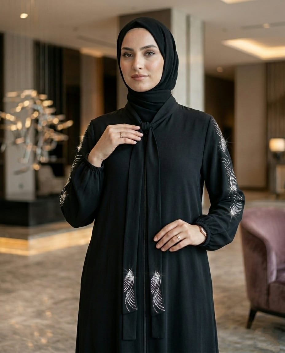 Nora Kristal Detaylı Fularlı Siyah Ferace Abaya