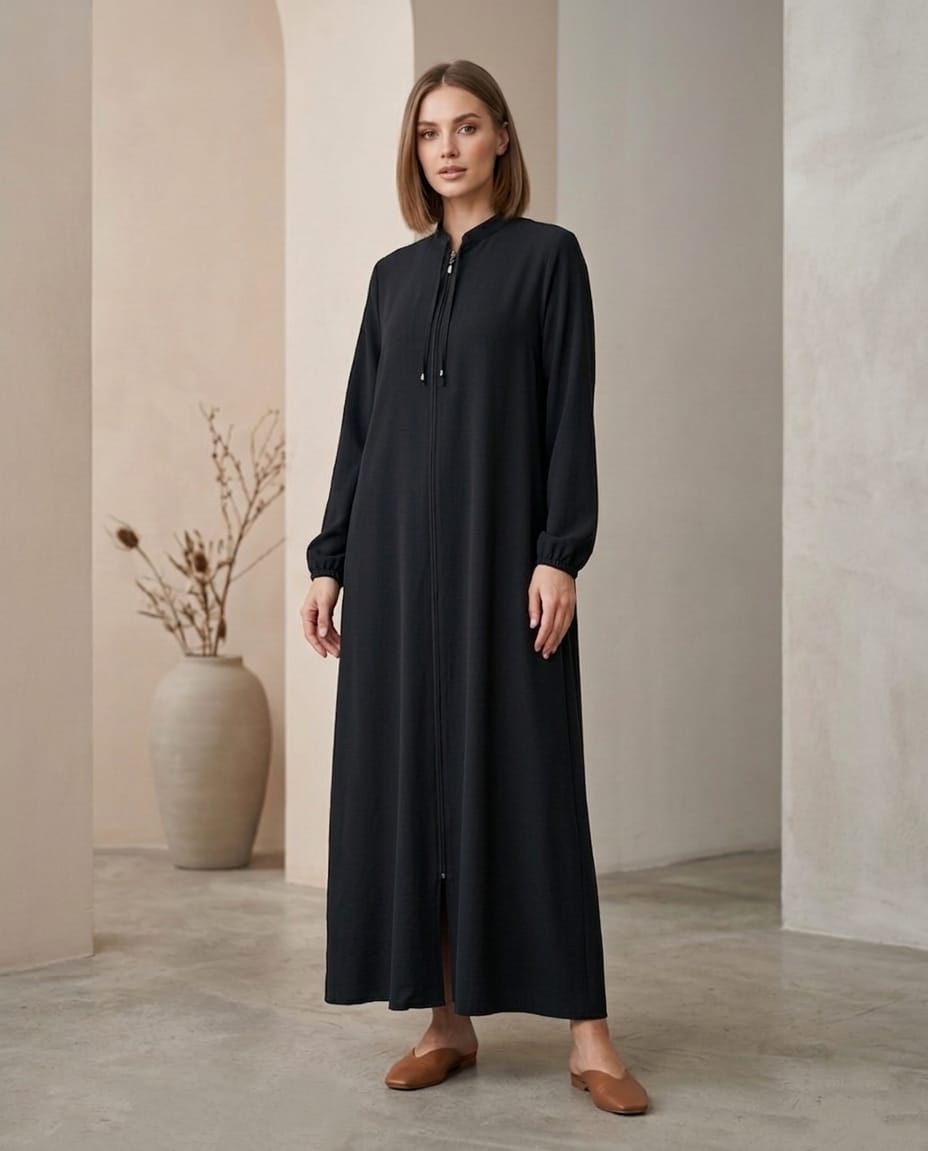 Luxe Minimalist Fermuarlı Kaftan Ferace