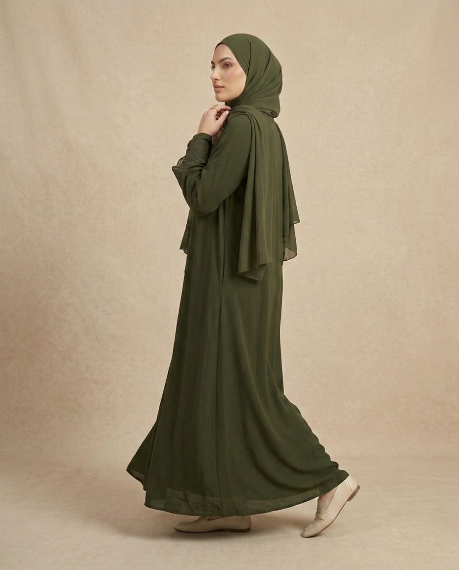 Zümrüt Haki Kendinden Şallı Nakış Detaylı Premium Ferace & Abaya