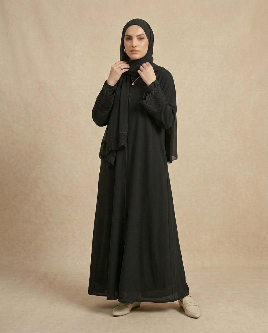 Zümrüt Haki Kendinden Şallı Nakış Detaylı Premium Ferace & Abaya