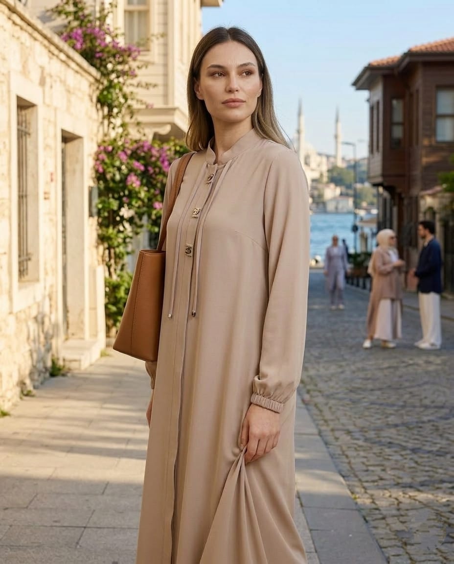 Pera Gofre Dokulu Altın Düğmeli Modern Ferace