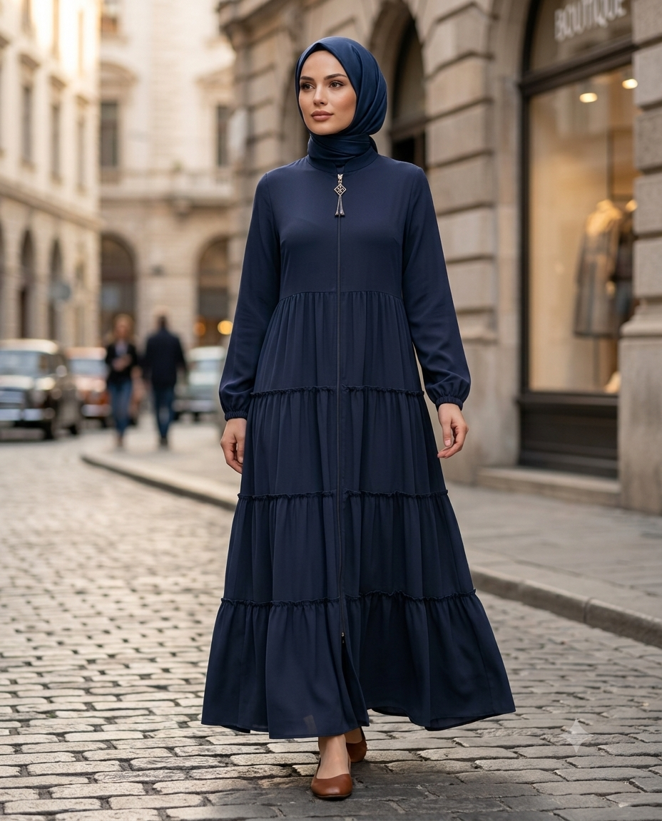 Fırfır Detaylı Modern Elbise / Ferace
