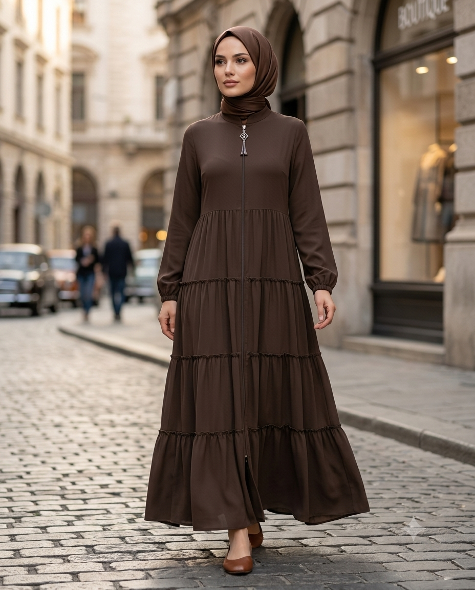 Fırfır Detaylı Modern Elbise / Ferace