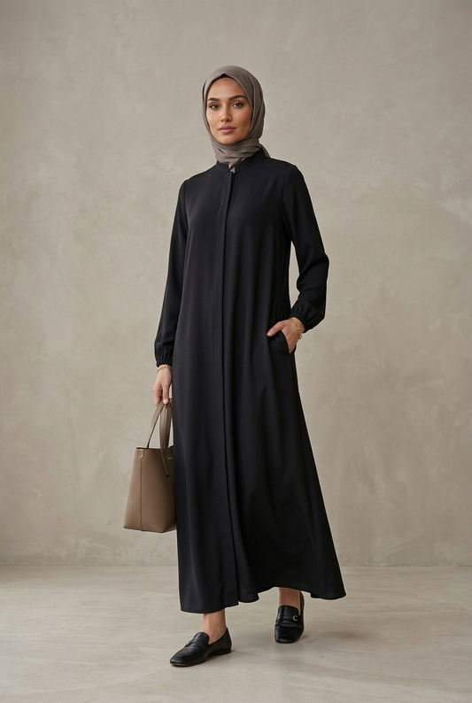Meva Minimalist Dik Yaka Modern Ferace - Siyah