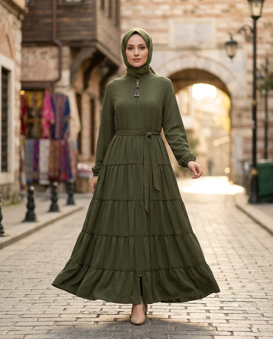 Fırfır Detaylı Modern Elbise / Ferace