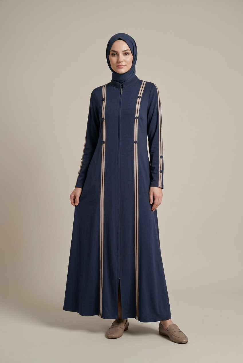 Lina Contrast Stripe Fermuarlı Premium Kap - Lacivert / Acı Kahve / Siyah