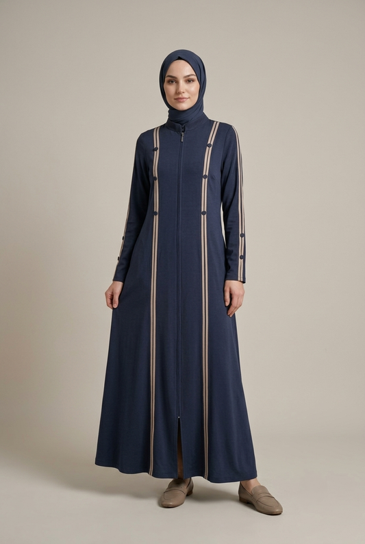 Lina Contrast Stripe Fermuarlı Premium Kap - Lacivert / Acı Kahve / Siyah