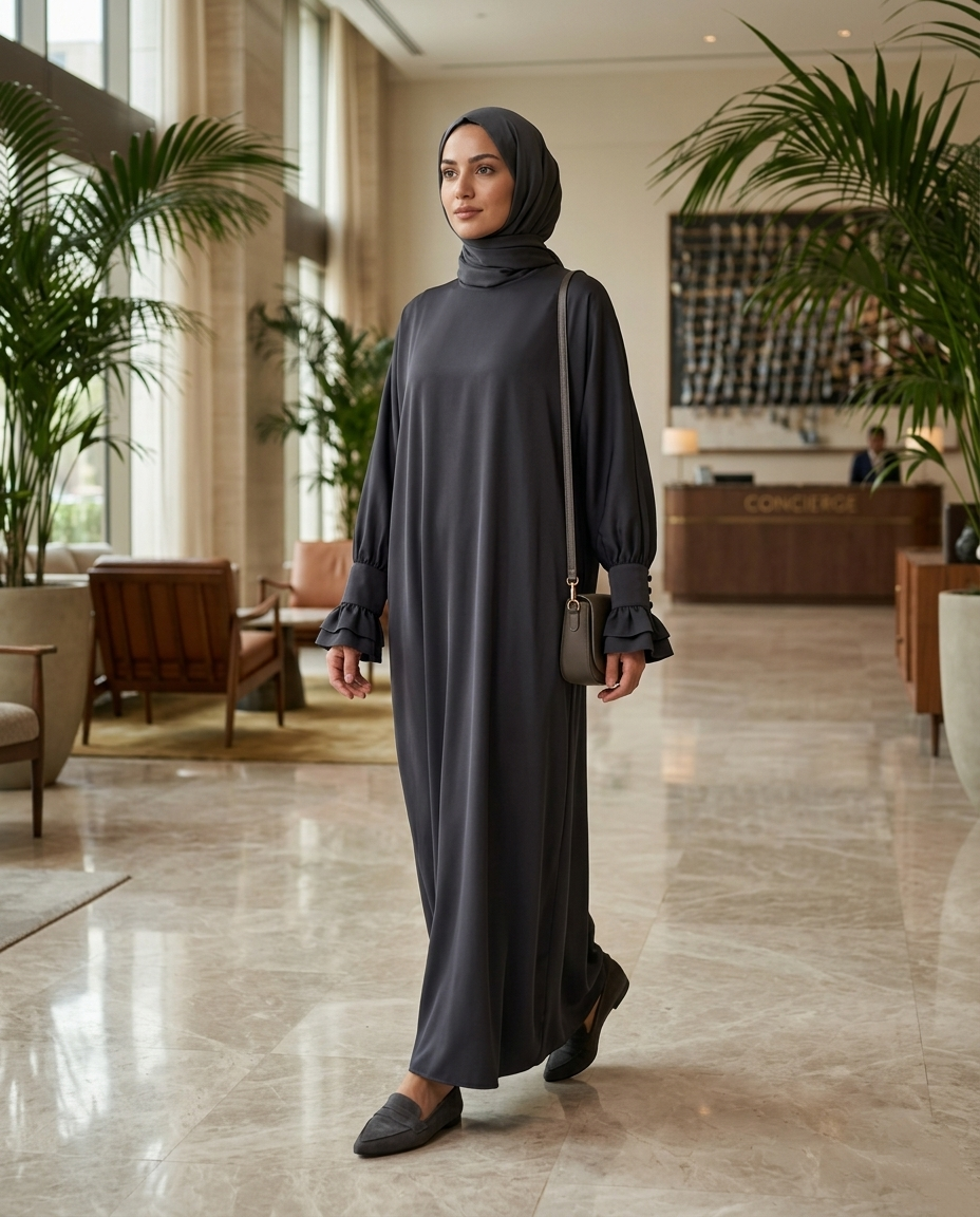 Dubai Abaya Volan Manşetli Maksi Elbise