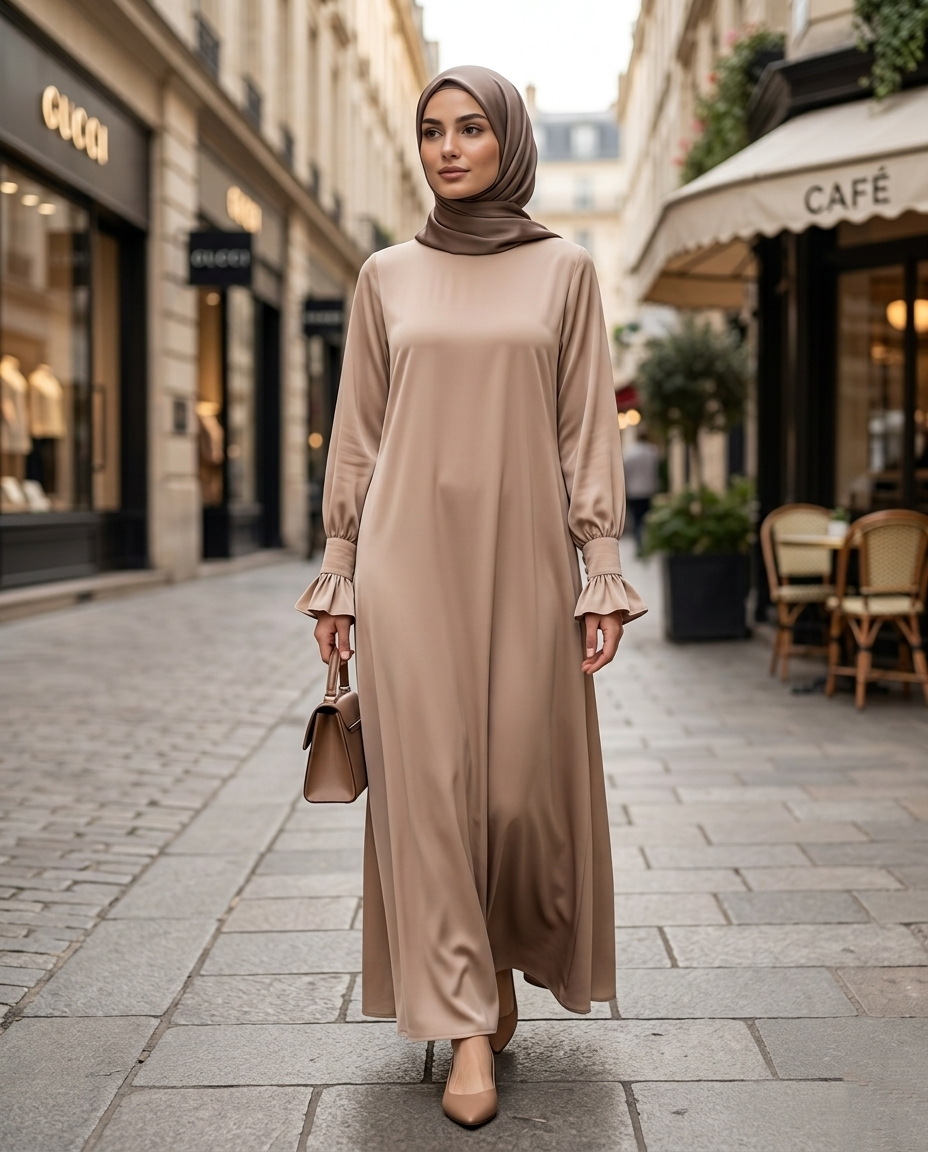 Dubai Abaya Volan Manşetli Maksi Elbise