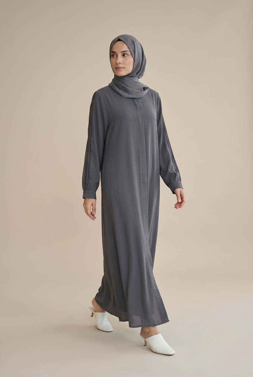 Zümra Antrasit İnci Detaylı Premium Şifon Abaya