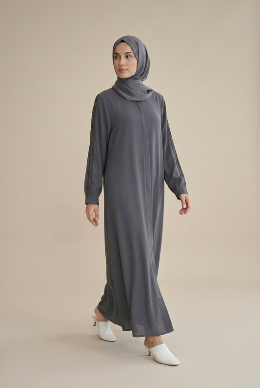Zümra Antrasit İnci Detaylı Premium Şifon Abaya
