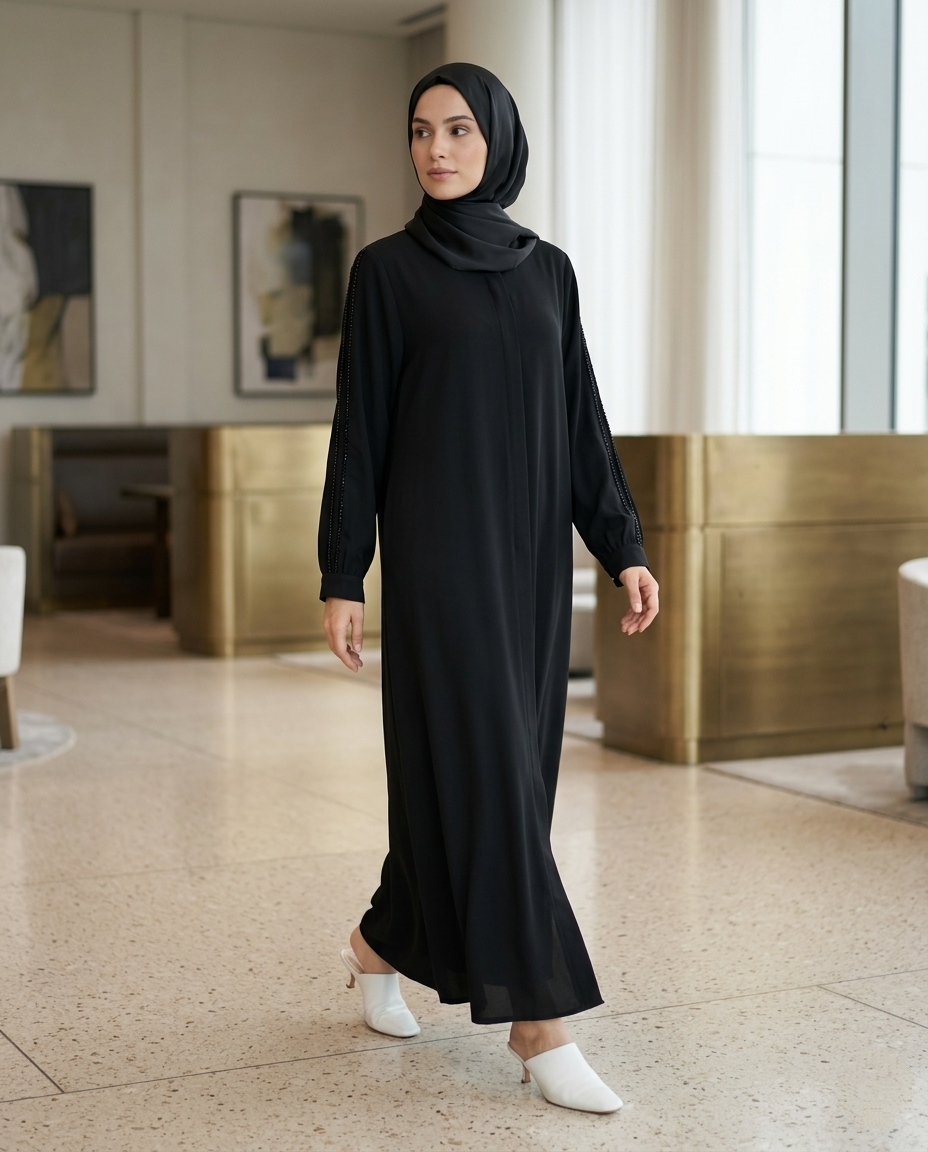 Zümra Antrasit İnci Detaylı Premium Şifon Abaya