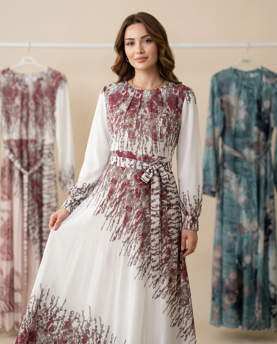 Gülfem Serisi - Belden Kuşaklı Floral Desenli Şifon Maxidress
