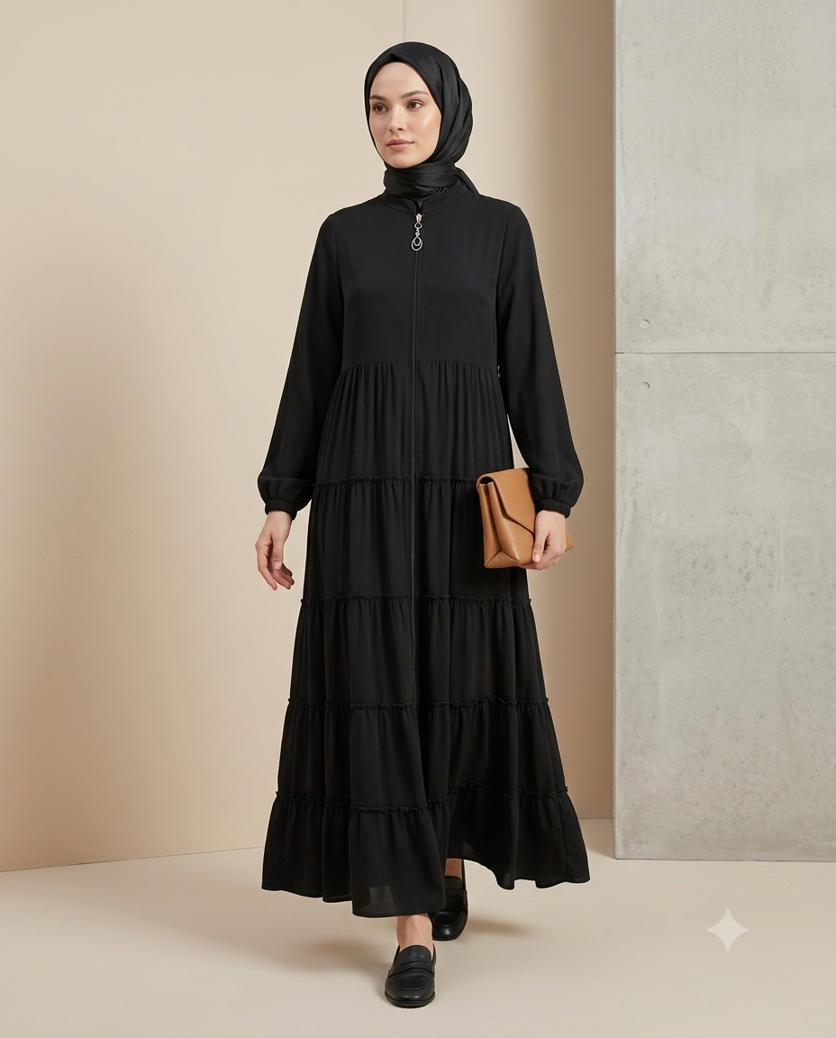 Fırfır Detaylı Modern Elbise / Ferace