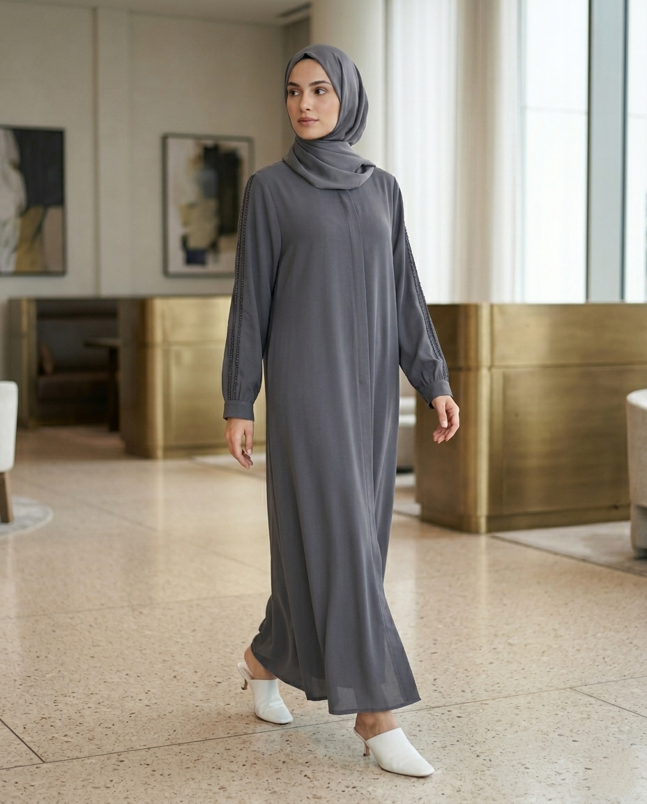 Zümra Antrasit İnci Detaylı Premium Şifon Abaya