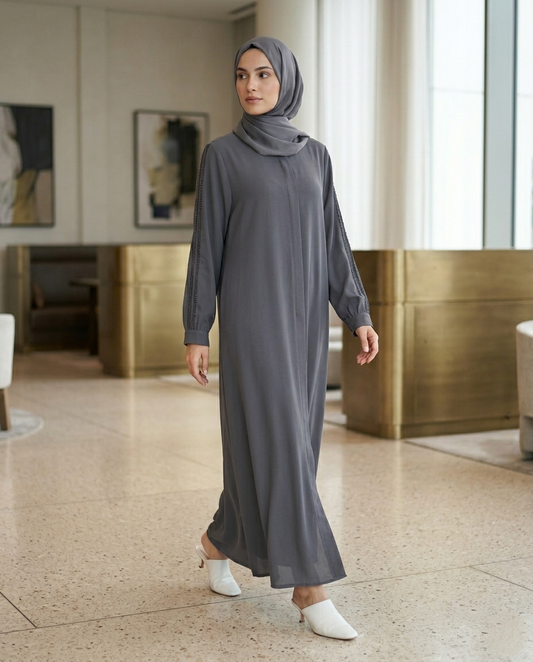 Zümra Antrasit İnci Detaylı Premium Şifon Abaya