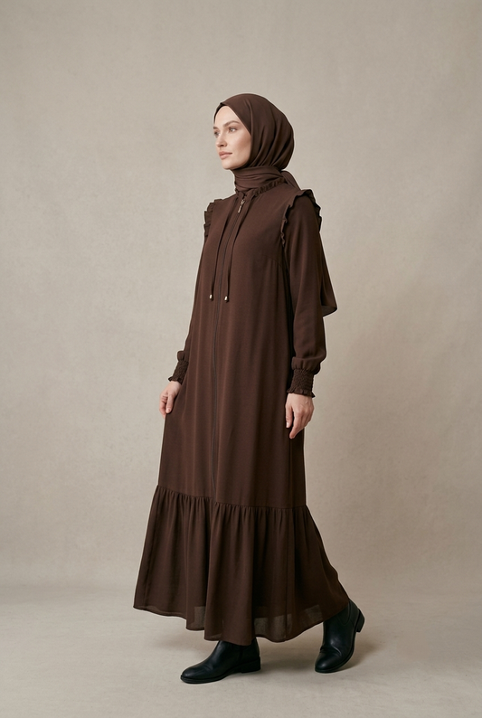 Victoria Ruffled Fermuarlı Premium Maxı Ferace